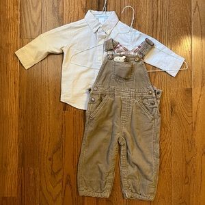 Adorable brown plush horse overalls and beige button down shirt